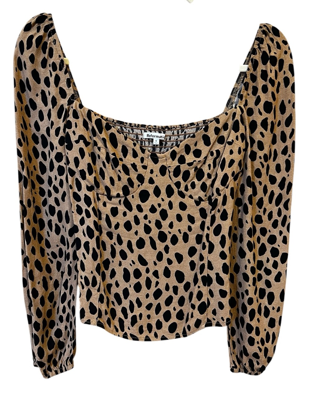 Reformation Beige and Black Spotted Long Sleeve Blouse